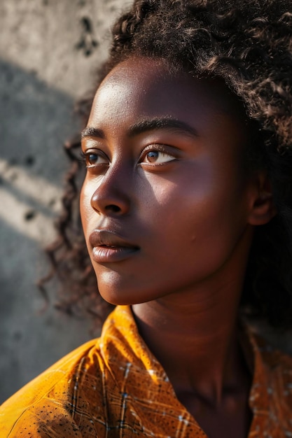 Nahaufnahme eines Porträts einer schönen afroamerikanischen Frau mit lockigem Haar