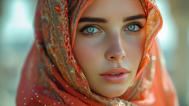 Nahaufnahme eines Porträts einer schönen jungen muslimischen Frau, die einen Hijab trägt