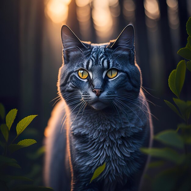 Nahaufnahme eines Porträts einer schönen Katze mit dem Hintergrund des Sonnenuntergangwaldes