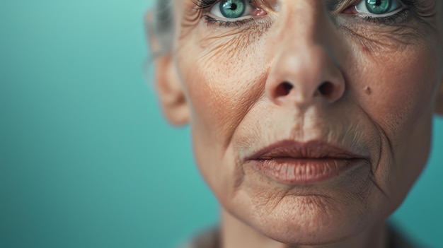 Nahaufnahme eines Porträts einer schönen reifen Frau mit grünen Augen und grauen Haaren