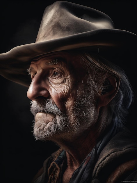 Nahaufnahme eines Porträts eines älteren Mannes, der einen Cowboyhut trägt KI-Generation KI-Generation generiert