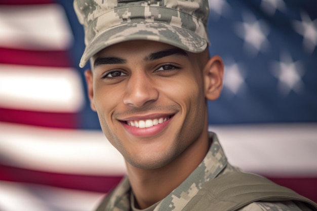 Nahaufnahme eines Porträts eines amerikanischen Soldaten mit Flaggenhintergrund