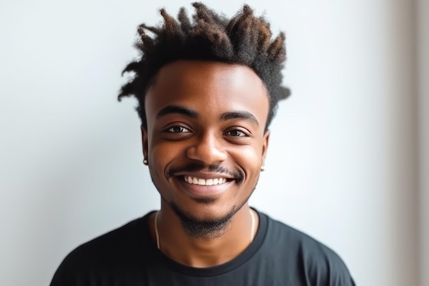 Nahaufnahme eines Porträts eines jungen afroamerikanischen jungen schwarzen Mannes, der ein T-Shirt vor einer weißen Wand trägt