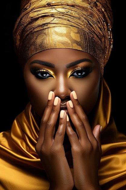 Nahaufnahme eines Porträts Schönheitsphantasie Gesicht einer afrikanischen Frau in Goldfarbe Goldene glänzende Haut Modemodell Mädchen Göttin Handfinger posieren Arabischer Turbankopf Juwelierarmbänder Professionelles metallisches Make-up