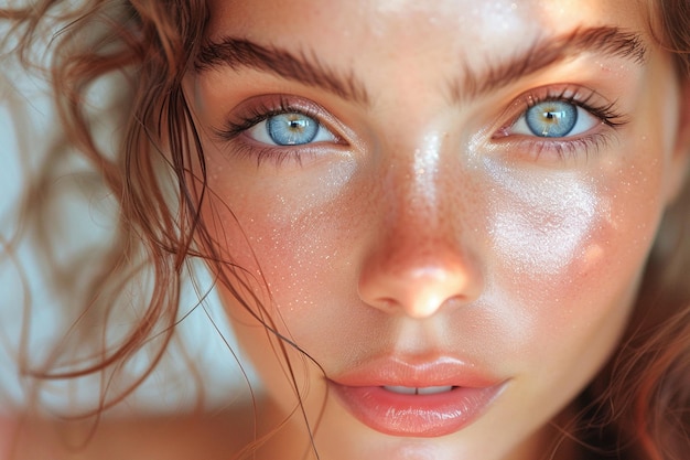 Nahaufnahme eines Portraits einer Frau mit funkelndem Make-up und auffallenden blauen Augen