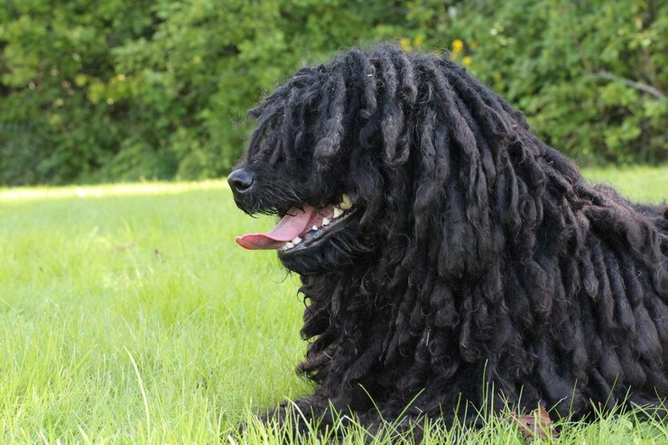 Foto nahaufnahme eines puli-hundes, der sich auf einem grasfeld entspannt