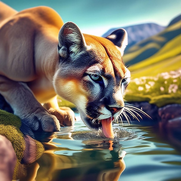 Nahaufnahme eines Pumas, der Wasser trinkt