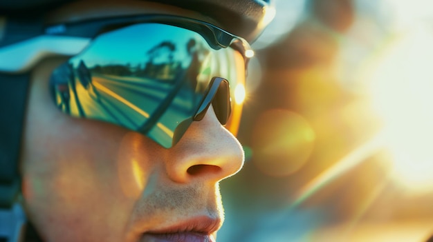 Nahaufnahme eines Radfahrers mit reflektierender Sonnenbrille mit einem Sonnenuntergang, der in der Linse reflektiert wird