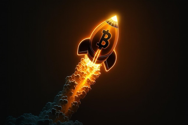 Nahaufnahme eines Raketenschiffs mit Bitcoin darauf, generative KI