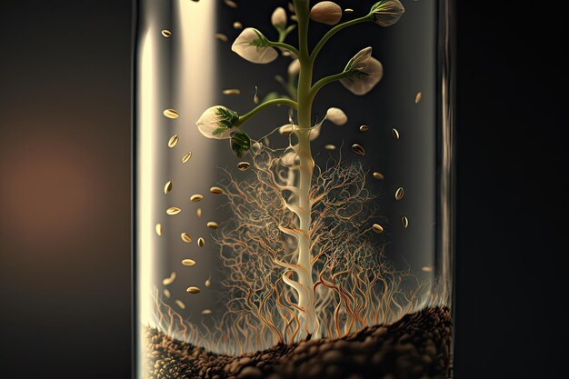 Nahaufnahme eines Reagenzglases mit Samen, die sprießen und ihre Wurzeln ausbreiten