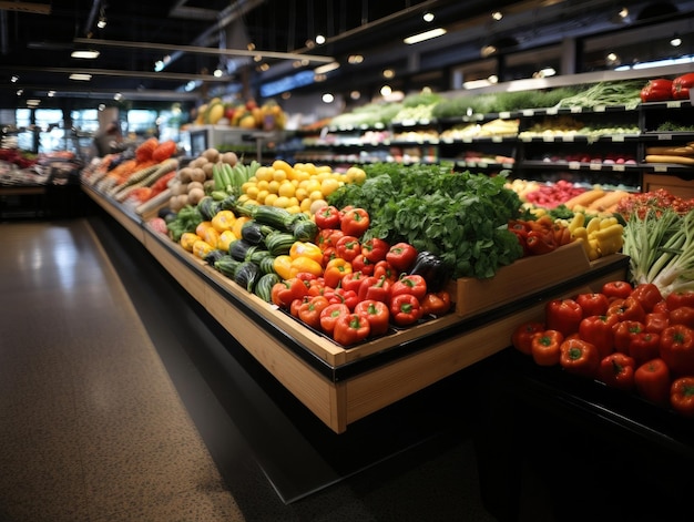 Nahaufnahme eines Regals mit frischem Gemüse in einem Supermarkt, leuchtende Farben und Licht von Glühbirnen. Generative KI