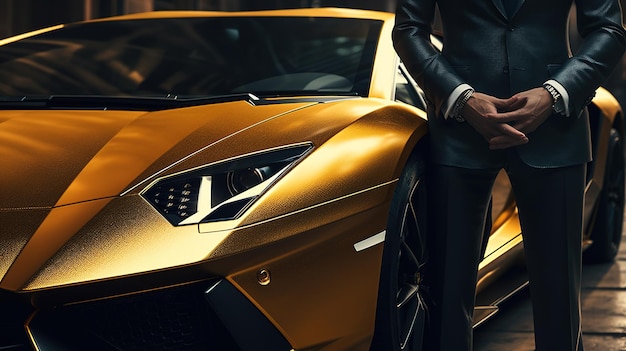 Nahaufnahme eines reichen Geschäftsmanns, der vor einem luxuriösen Supersportwagen mit generativer KI steht
