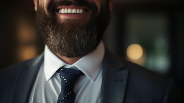 Nahaufnahme eines reifen männlichen Mundes, schöner Bart und lächelnder Anzug
