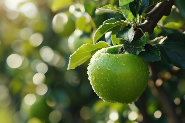 Nahaufnahme eines rohen Apfels mit Tau auf einem Baum im Garten