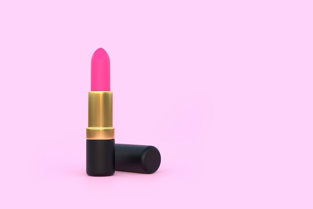 Nahaufnahme eines rosafarbenen Lippenstifts auf einem pastellrosa Hintergrund mit 3D-Renderdarstellung im Kopierbereich