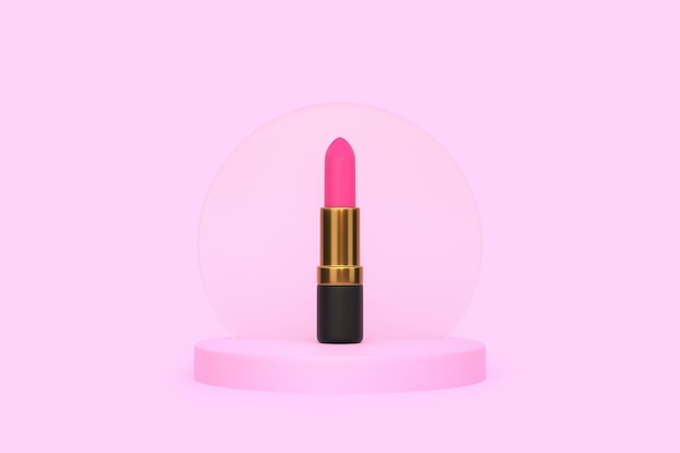 Nahaufnahme eines rosafarbenen Lippenstifts auf einem pastellrosa Hintergrund mit Kopierraum. 3D-Rendering von Damenkosmetik