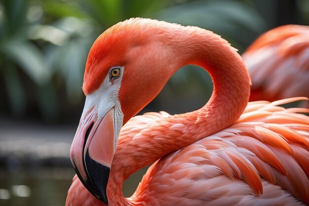 Nahaufnahme eines roten Flamingos mit verschwommenem Hintergrund