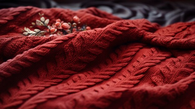 Nahaufnahme eines roten Strickgewebes mit komplizierten Mustern und einem dekorativen Blumenakzent