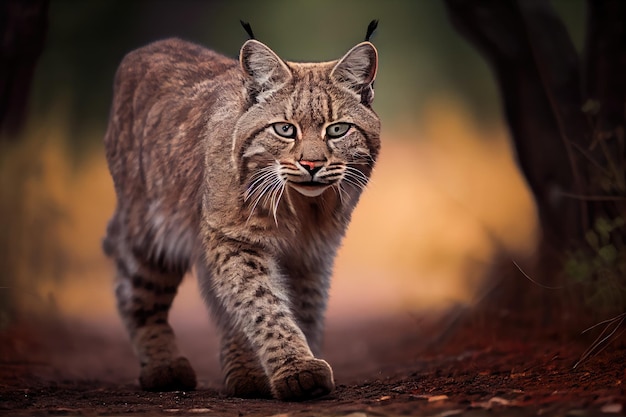 Nahaufnahme eines Rotluchses, der auf dem Waldboden läuft