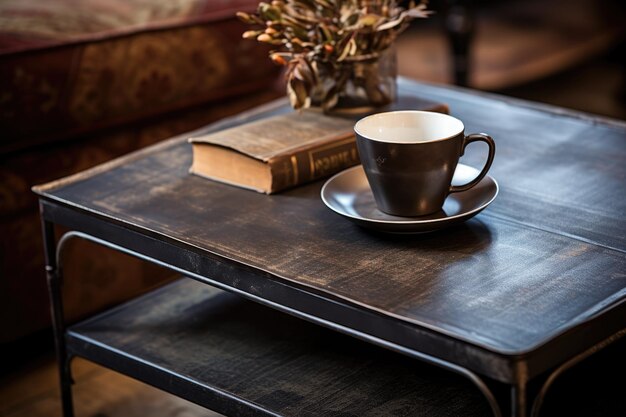 Nahaufnahme eines rustikalen Metall-Coffee-Tisches mit einem Buch und einer Tasse oben