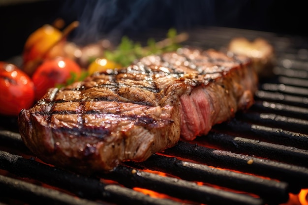 Nahaufnahme eines saftigen Steaks auf dem heißen Grill