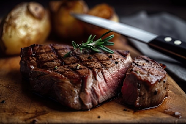 Nahaufnahme eines saftigen Steaks mit Kartoffeln und Messer im Hintergrund