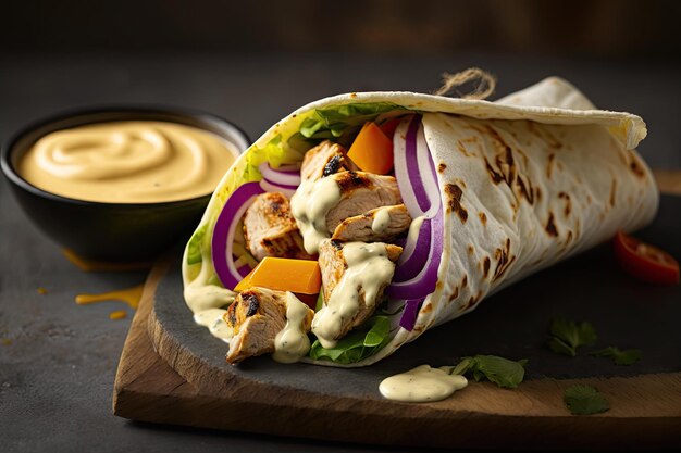 Nahaufnahme eines saftigen und zarten Hühnchen-Shawarma-Wraps mit Hummus und Tahini, hergestellt mit generativer KI