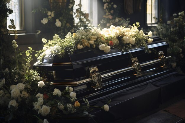 Nahaufnahme eines Sarges in einem Leichenwagen oder einer Kapelle vor einer Beerdigung oder Beerdigung auf einem Friedhof