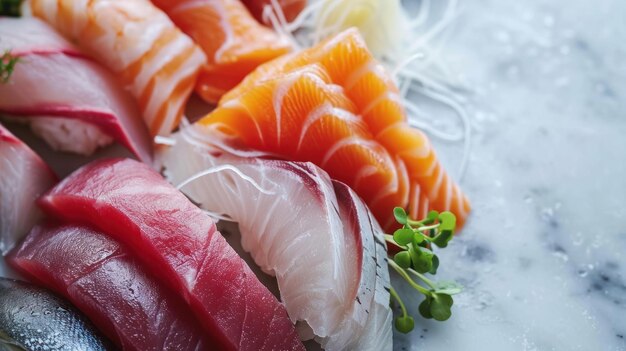 Foto nahaufnahme eines sashimi-sets vor weißem hintergrund