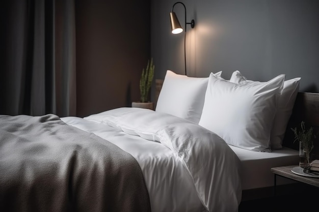 Nahaufnahme eines sauberen Bettes in einem Hotelzimmer, generativ
