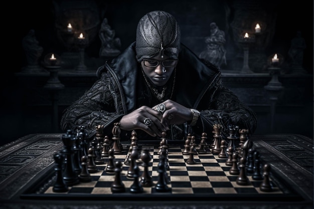 Nahaufnahme eines Schachspielers, der vor dunklem Hintergrund eine Partie Schach spielt