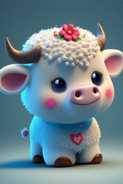 Nahaufnahme eines Schafes mit einer Blume auf dem Kopf, generative KI