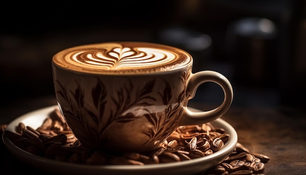 Nahaufnahme eines schaumigen Cappuccinos auf einem Holztisch in einem Café, erzeugt durch künstliche Intelligenz