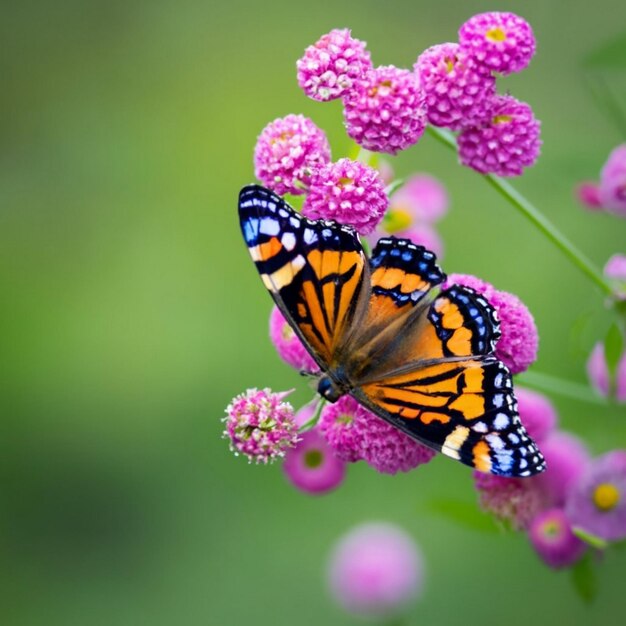 Nahaufnahme eines Schmetterlings bei der Bestäubung einer rosa Blume