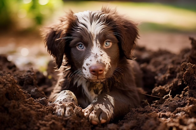 Nahaufnahme eines schmutzigen Welpen, der im Gartenwelpe mit lustigem Blick spielt