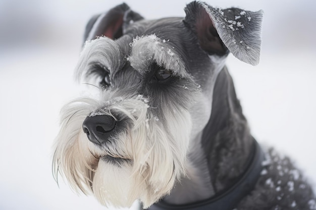 Nahaufnahme eines schneebedeckten Zwergschnauzer-Hundes, der fragenden bärtigen Hundebettler anstarrt