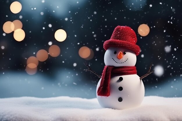 Nahaufnahme eines Schneemanns über verschwommenem Heiligabend