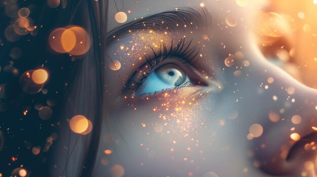 Nahaufnahme eines schönen Augenbildes eines Mädchens mit Glitter und Bokeh-Effekt