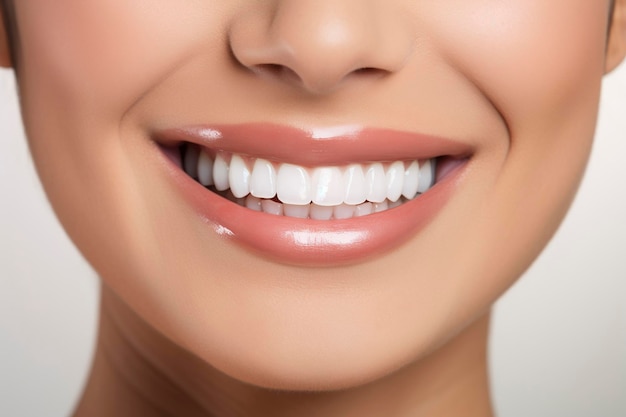 Nahaufnahme eines schönen breiten Lächelns einer jungen, frischen Frau mit gesunden weißen Zähnen