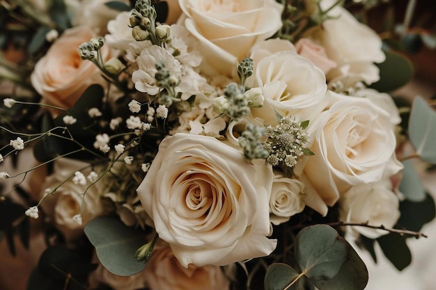 Nahaufnahme eines schönen Hochzeitsbouquets mit wunderschönen weißen Rosen