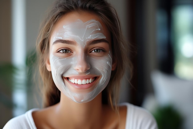 Foto nahaufnahme eines schönen lächelnden mädchens im spa-studio, das eine gesichtsmaske auf ihr gesicht aufträgt