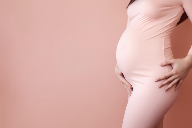 Nahaufnahme eines schwangeren Bauches gegen einen pastellrosa Hintergrund KI