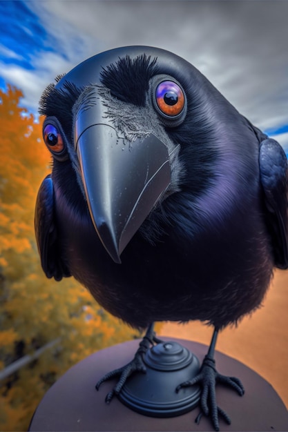 Nahaufnahme eines schwarzen Vogels mit generativer KI auf dem Kopf