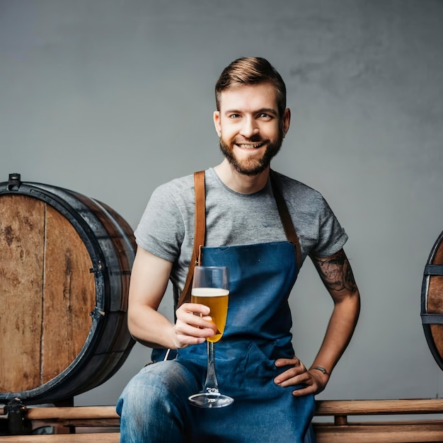 Nahaufnahme eines selbstbewussten jungen Brauers mit selbst gebrautem Bier im Glas auf einem Holzfass an einer grauen Wand