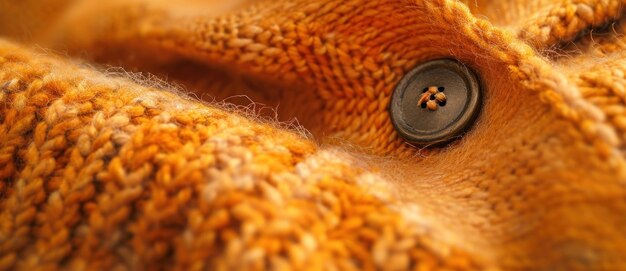 Nahaufnahme eines senfgelben Strickpullovers, dessen Textur und Knopfdetails Wärme und Gemütlichkeit vermitteln