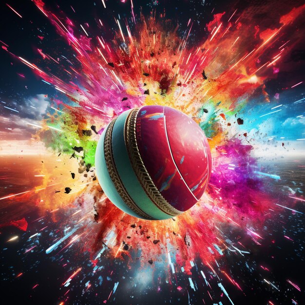 Foto nahaufnahme eines sich drehenden cricketballs mit leuchtenden farben und kosmischer spur