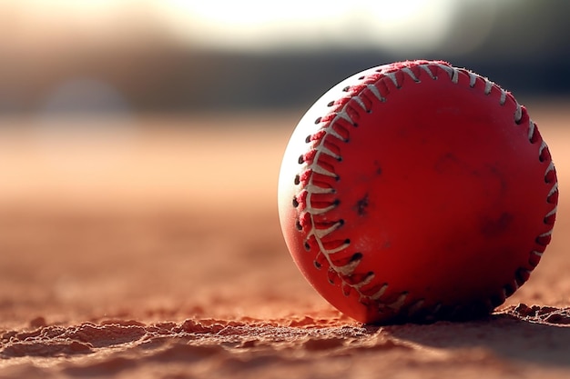 Nahaufnahme eines Softballs mit geringer Schärfentiefe und der Sonne, die auf den Horizont scheint