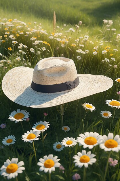 Nahaufnahme eines Sonnenhutes in Gras und Blumen an einem sonnigen Tag, erstellt mit generativer KI-Technologie