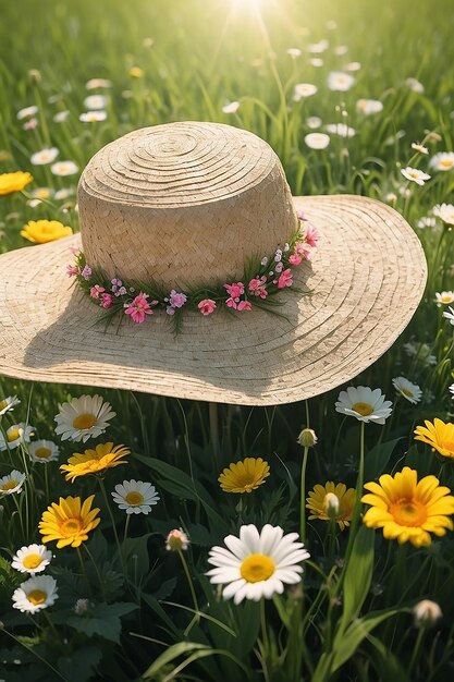 Nahaufnahme eines Sonnenhuts in Gras und Blumen an einem sonnigen Tag, erstellt mit generativer KI-Technologie