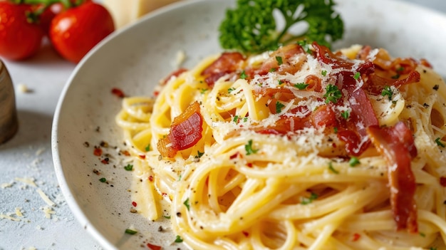 Nahaufnahme eines Spaghetti Carbonara gegen eine weiße Oberfläche